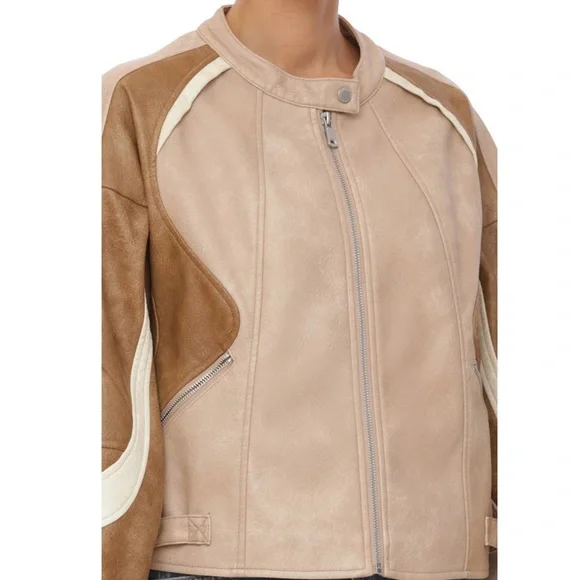 Avec Les Filles Faux Leather Racing Moto Bomber Colorblock Jacket NEW size Large - Picture 6 of 14